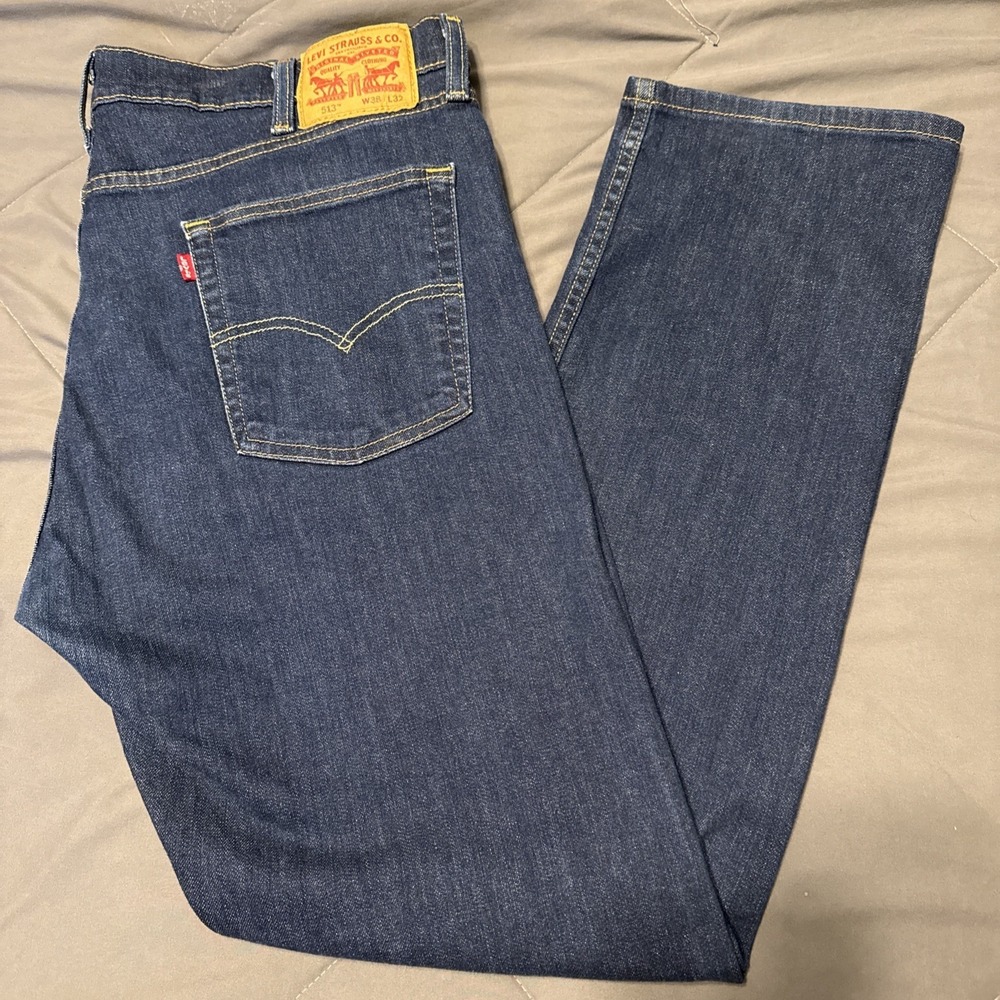Levis 513 Jeans Mens 38x32 Blue Distressed Slim Straight Pockets Modern